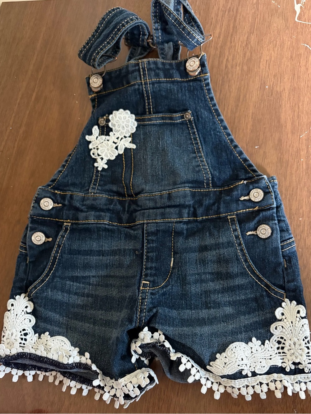 Jordache Dark Blue Denim Short Overalls with White Lace Trim